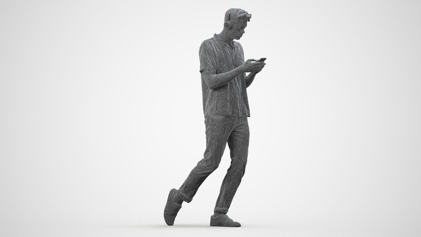 photogrammetry 3D man casual walking, realistic human model archviz FBX, wireframe side view