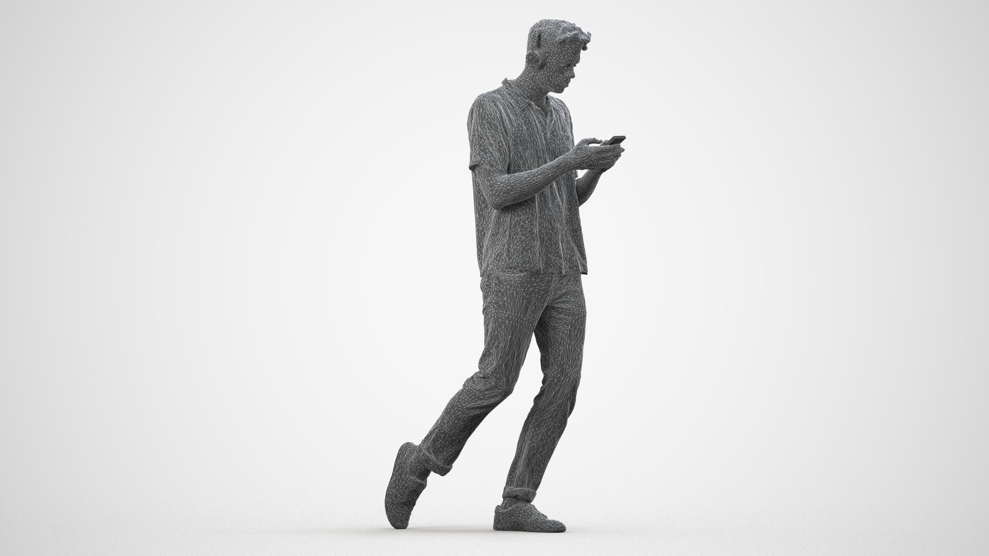 photogrammetry 3D man casual walking, realistic human model archviz FBX, wireframe side view