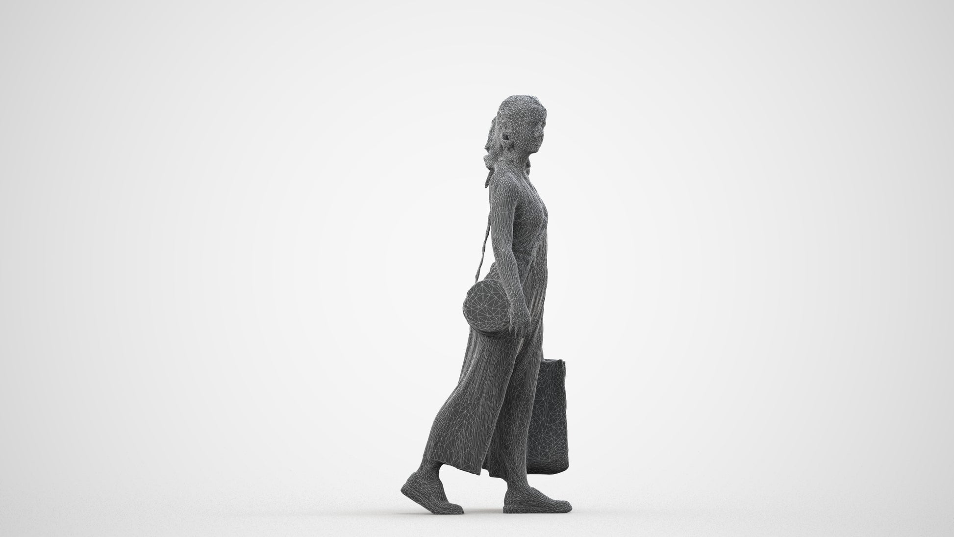 3D people model girl casual shopping, scanned human for 3ds Max rendering, wireframe side view