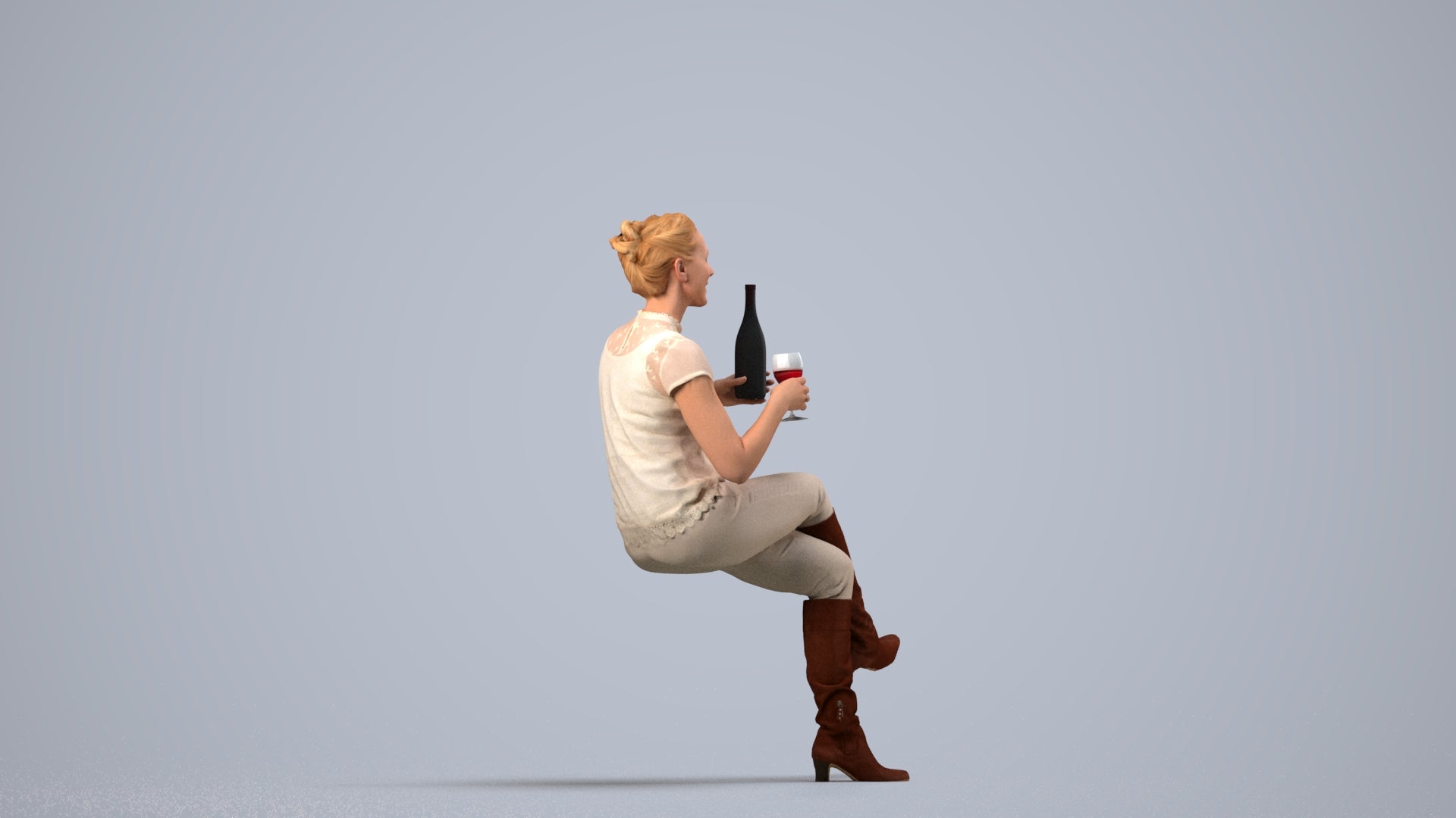 3D human model woman casual sitting, photogrammetry scanned person for archviz, side view render