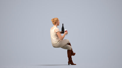 3D human model woman casual sitting, photogrammetry scanned person for archviz, side view render