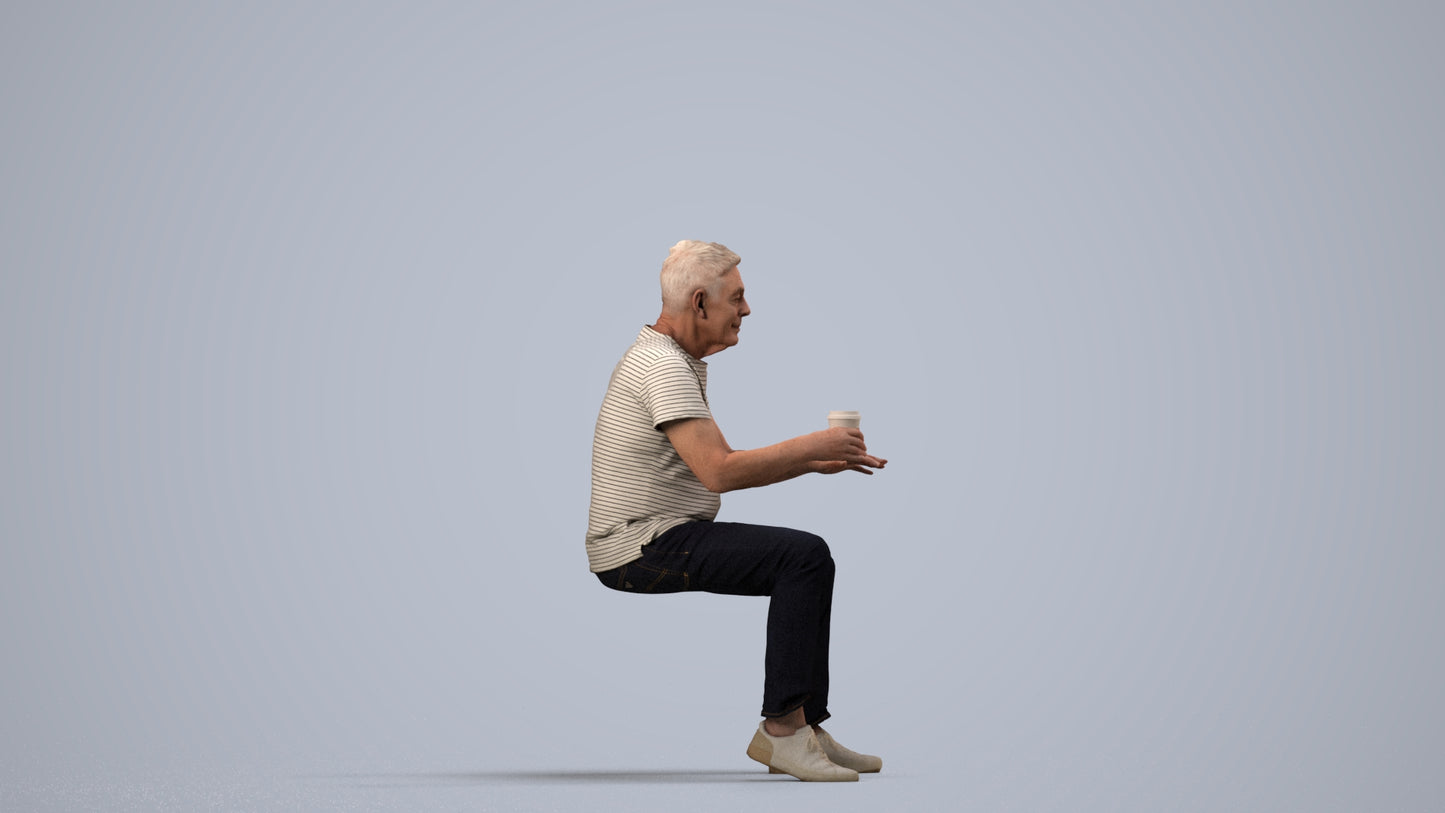 3D people model senior man casual sitting, scanned human for 3ds Max rendering, side view render