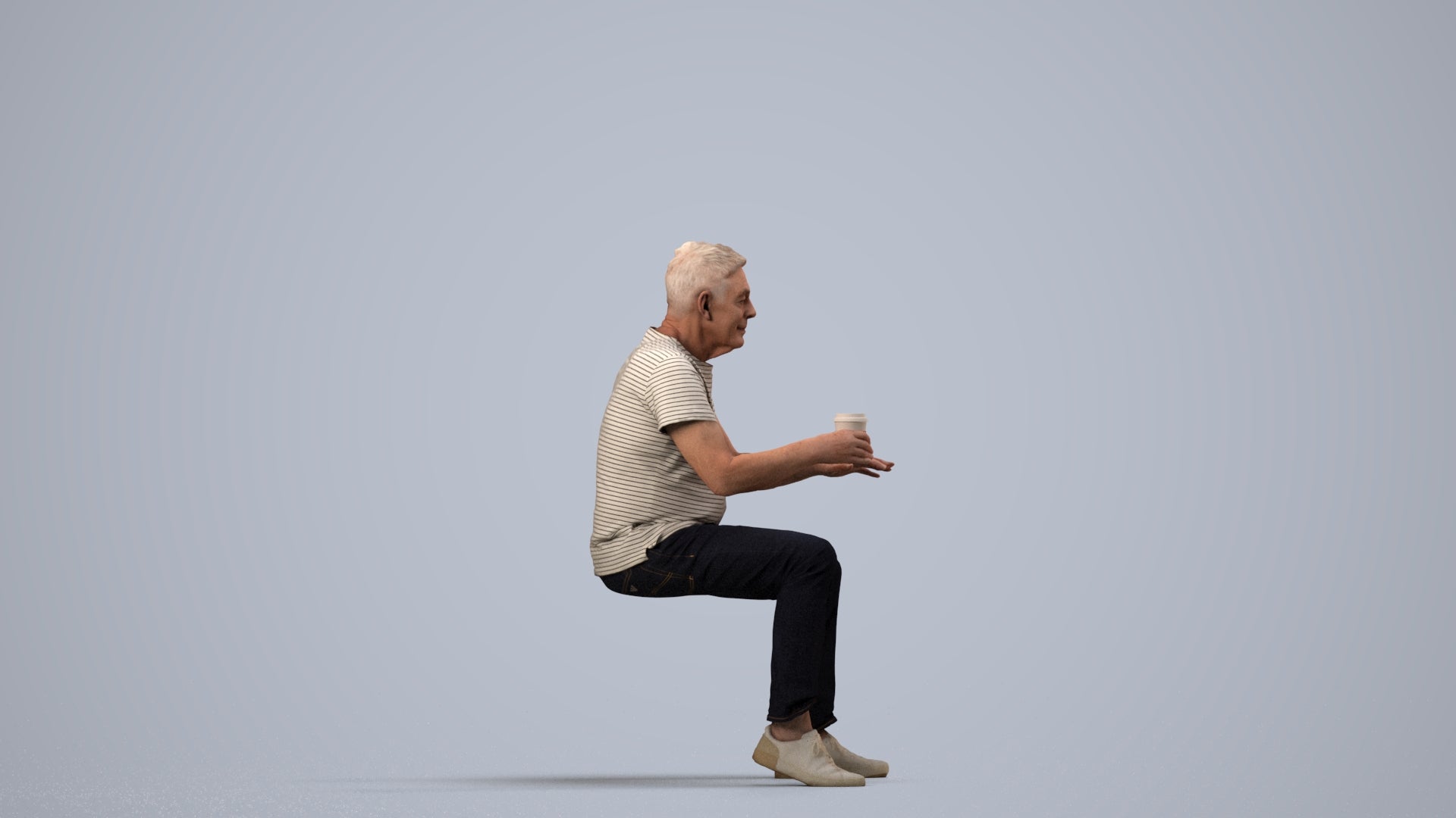 3D people model senior man casual sitting, scanned human for 3ds Max rendering, side view render