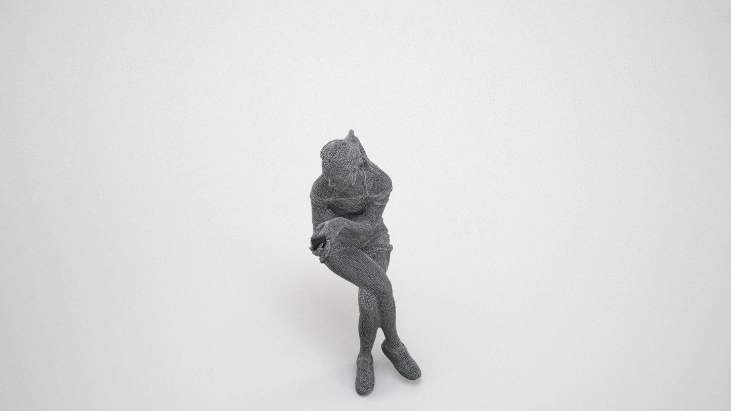 realistic 3D woman casual sitting, scanned archviz people for Blender and 3ds Max, wireframe three-quarter view