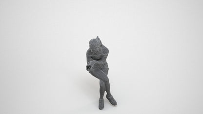 realistic 3D woman casual sitting, scanned archviz people for Blender and 3ds Max, wireframe three-quarter view