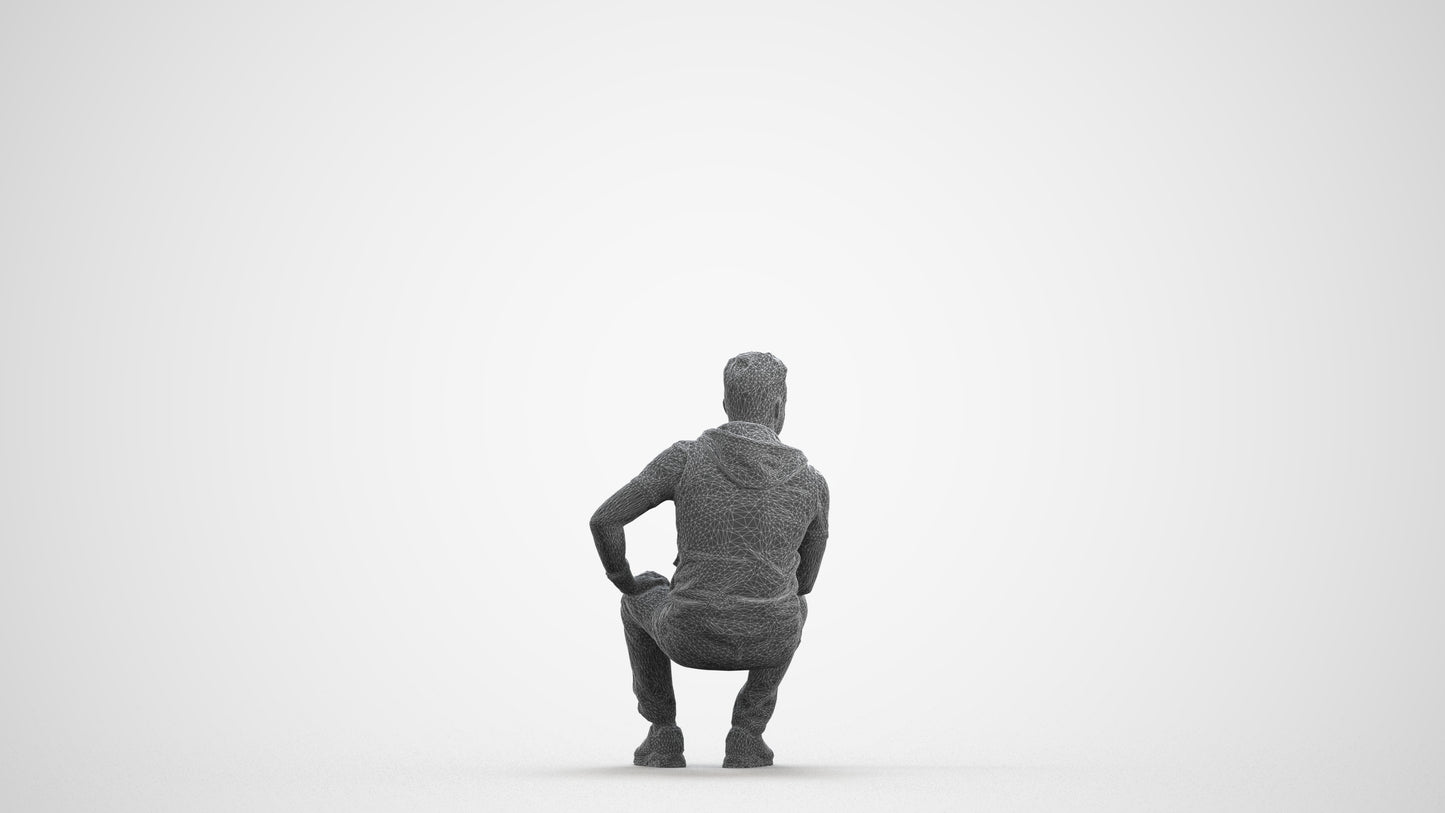 3D people model man casual sitting, scanned human for 3ds Max rendering, wireframe front view