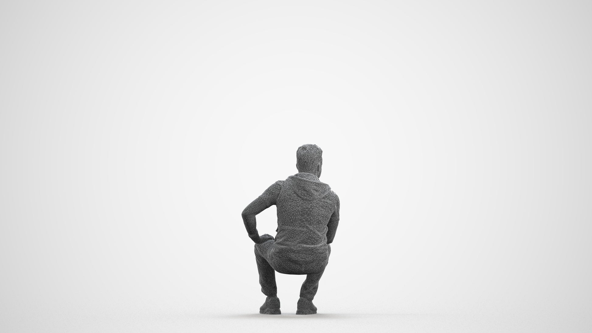 3D people model man casual sitting, scanned human for 3ds Max rendering, wireframe front view