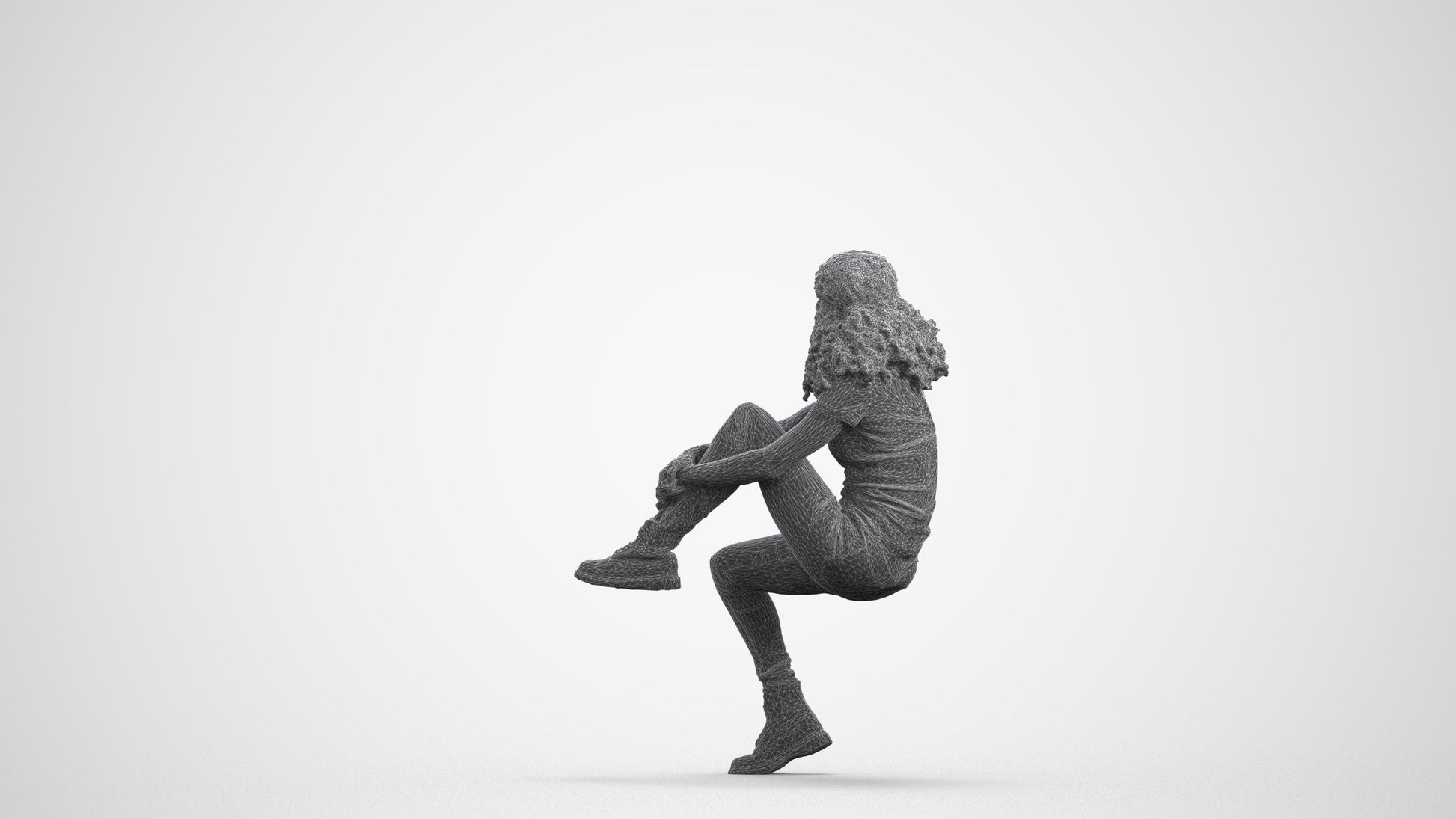3D people model woman casual sitting, scanned human for 3ds Max rendering, wireframe front view
