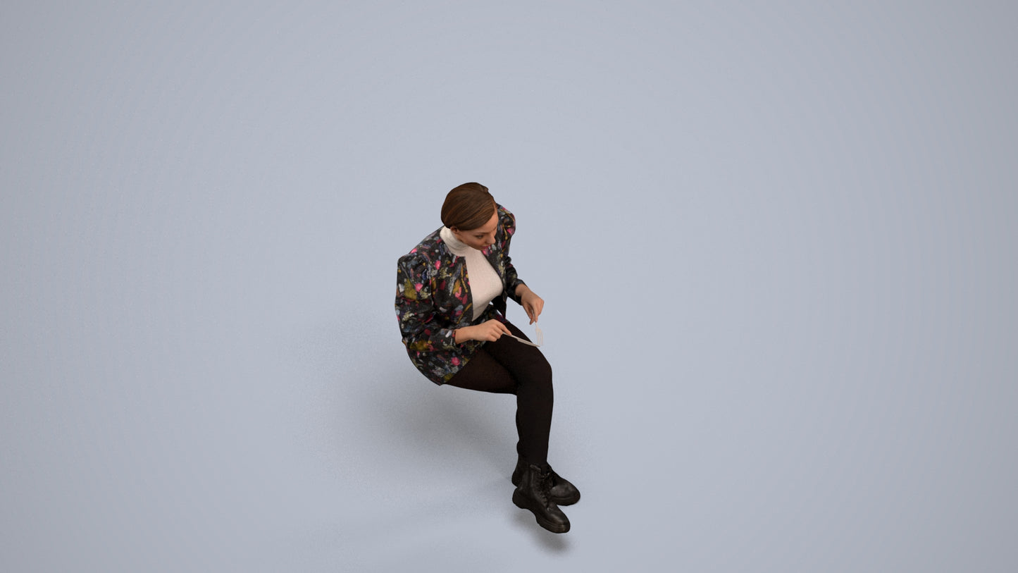 3D people model woman casual sitting, scanned human for 3ds Max rendering, back view render