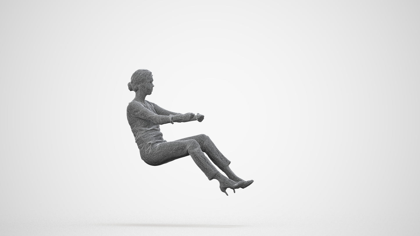 3D human model woman casual driving, photogrammetry scanned person for archviz, wireframe side view