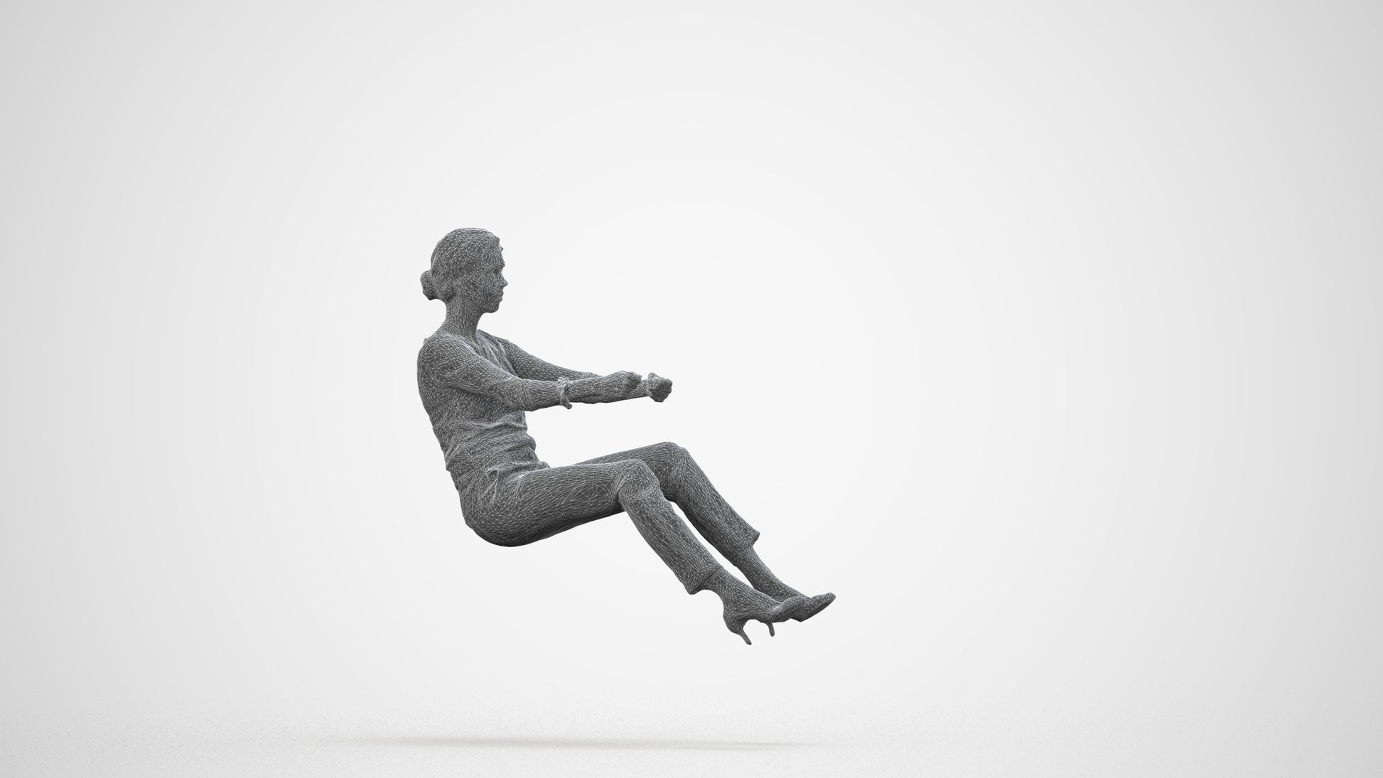 3D human model woman casual driving, photogrammetry scanned person for archviz, wireframe side view