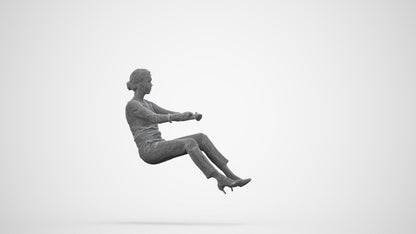 3D human model woman casual driving, photogrammetry scanned person for archviz, wireframe side view