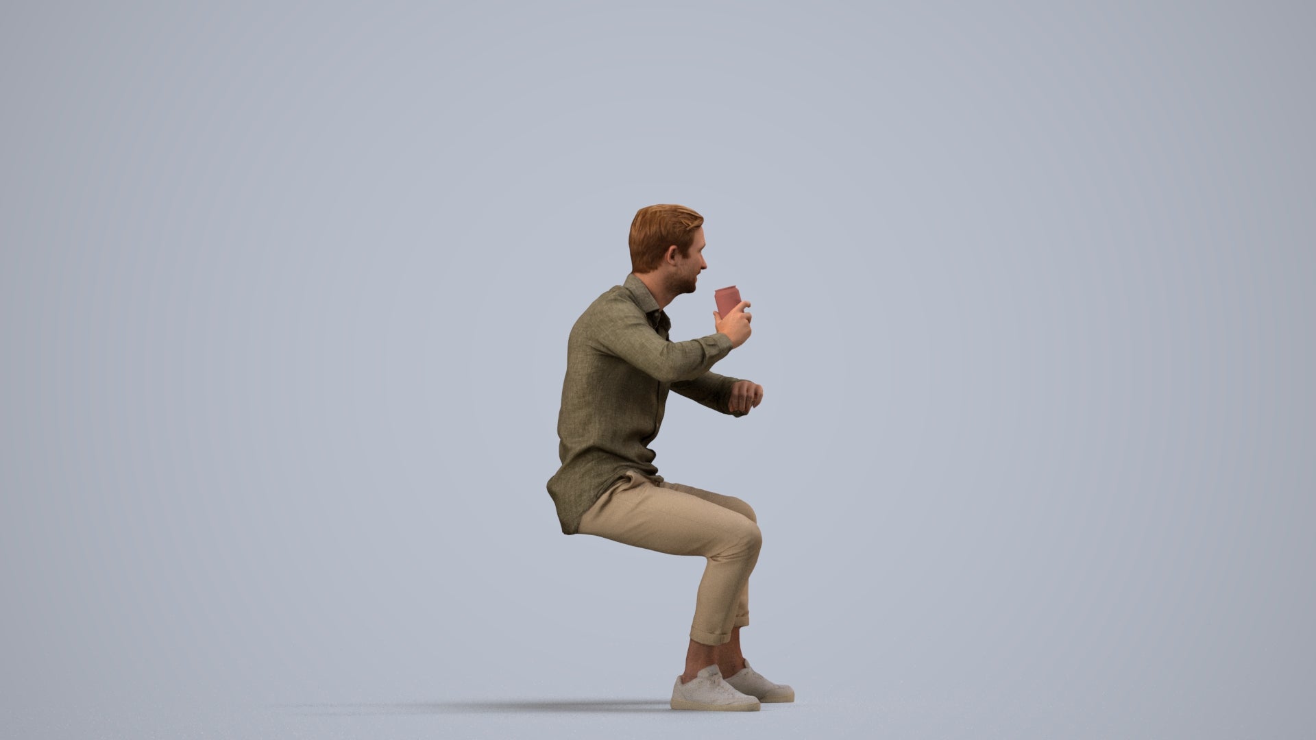 realistic 3D human man casual sitting, archviz people FBX OBJ for Blender, side view render