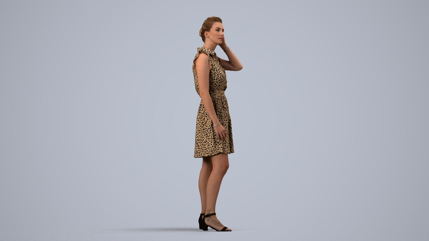 realistic 3D human woman casual standing, archviz people FBX OBJ for Blender, side view render