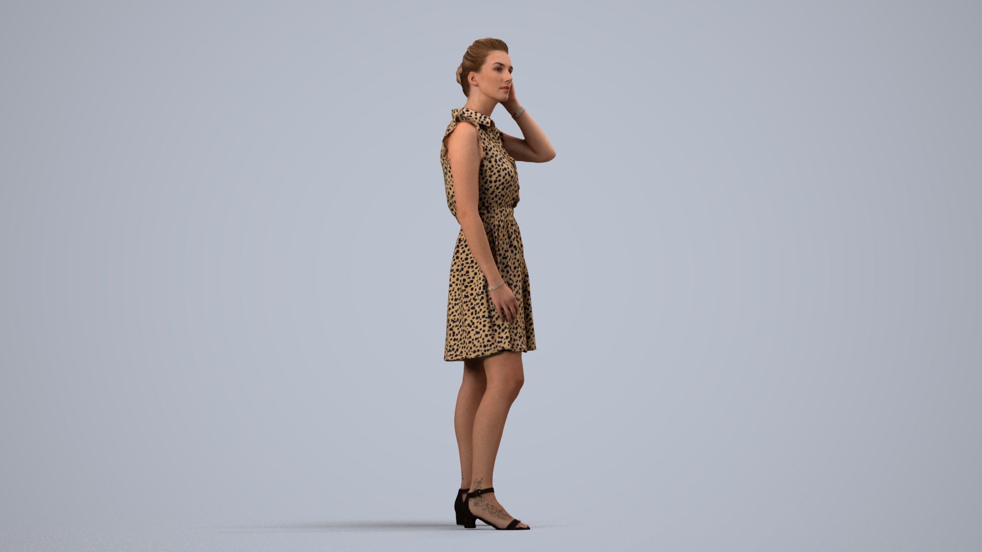 realistic 3D human woman casual standing, archviz people FBX OBJ for Blender, side view render