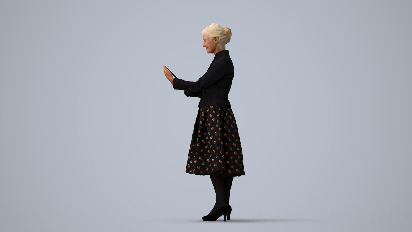 3D people model senior woman business standing, scanned human for 3ds Max rendering, three-quarter view render