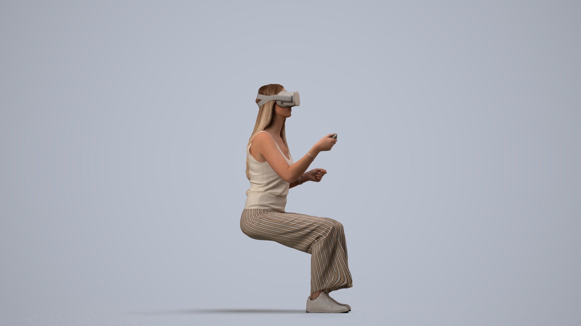 photogrammetry 3D woman casual sitting, realistic human model archviz FBX, side view render