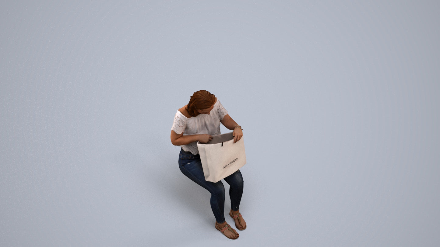 3D human model woman casual sitting, photogrammetry scanned person for archviz, back view render