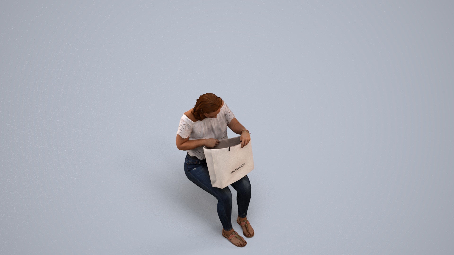 3D human model woman casual sitting, photogrammetry scanned person for archviz, back view render