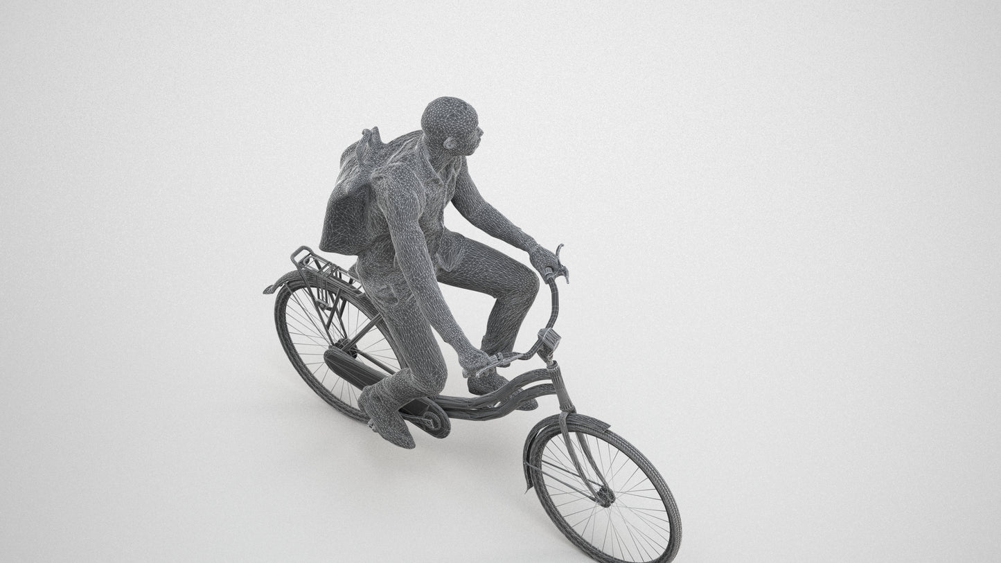 photogrammetry 3D man business cycling, realistic human model archviz FBX, wireframe three-quarter view