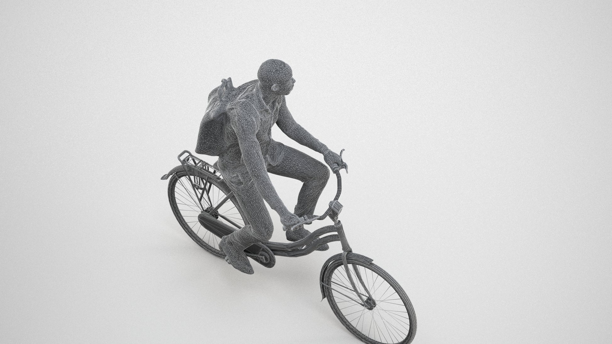 photogrammetry 3D man business cycling, realistic human model archviz FBX, wireframe three-quarter view