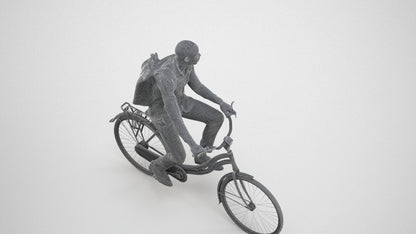 photogrammetry 3D man business cycling, realistic human model archviz FBX, wireframe three-quarter view