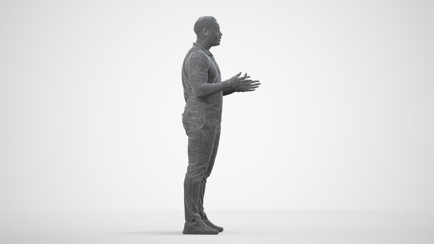 3D scanned man standing casual, photorealistic archviz people for Enscape and SketchUp, wireframe side view