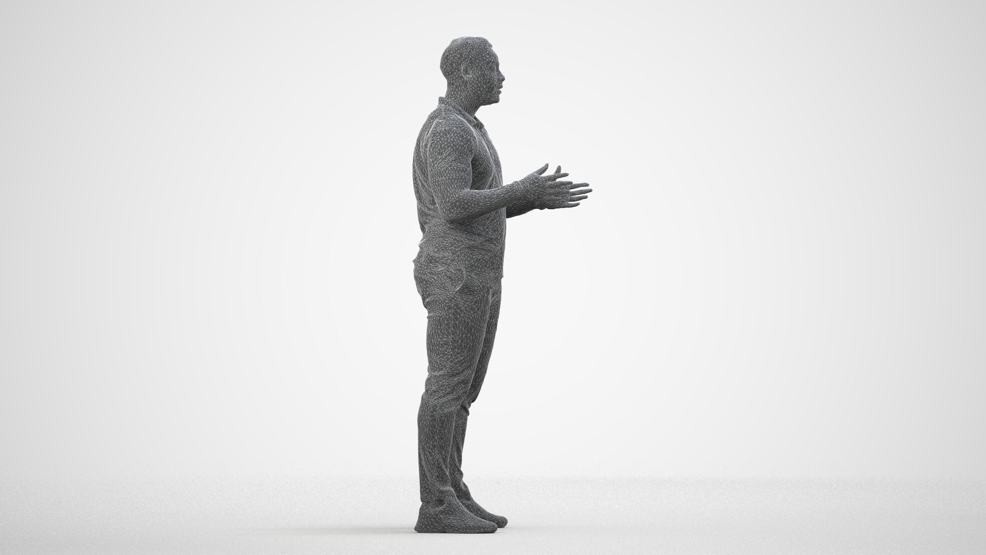 3D scanned man standing casual, photorealistic archviz people for Enscape and SketchUp, wireframe side view