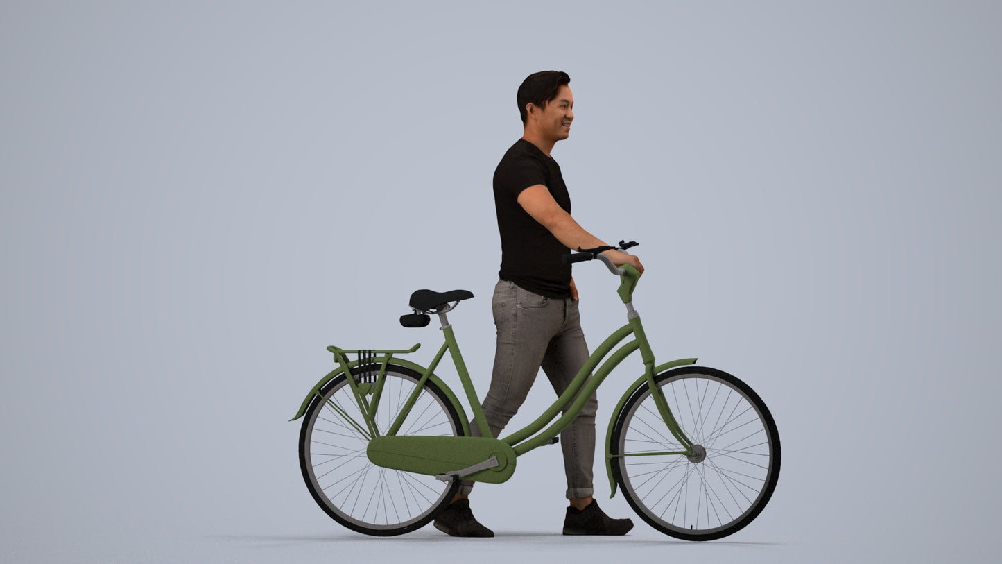 realistic 3D man casual cycling, scanned archviz people for Blender and 3ds Max, side view render