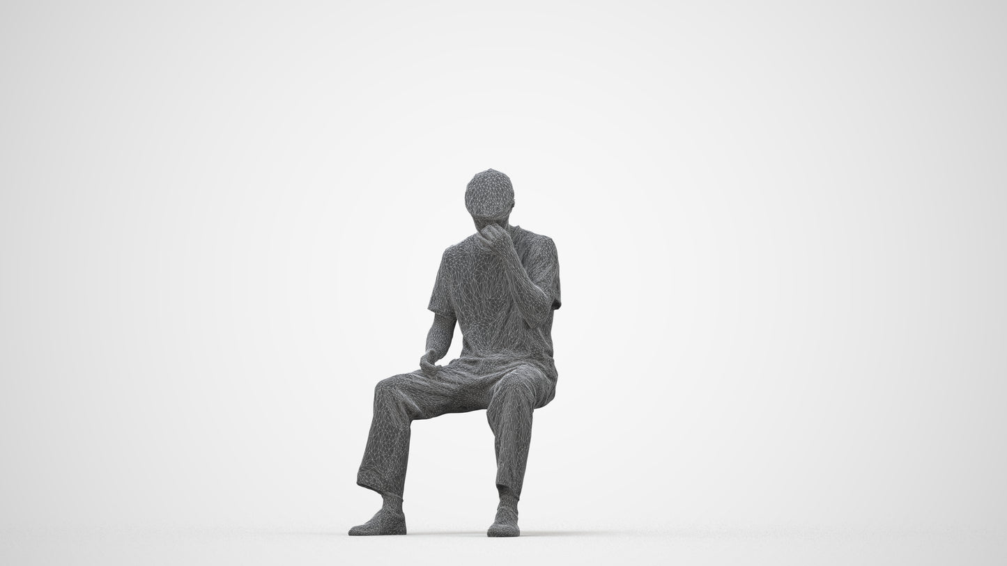 3D people model man casual sitting, scanned human for 3ds Max rendering, wireframe back view