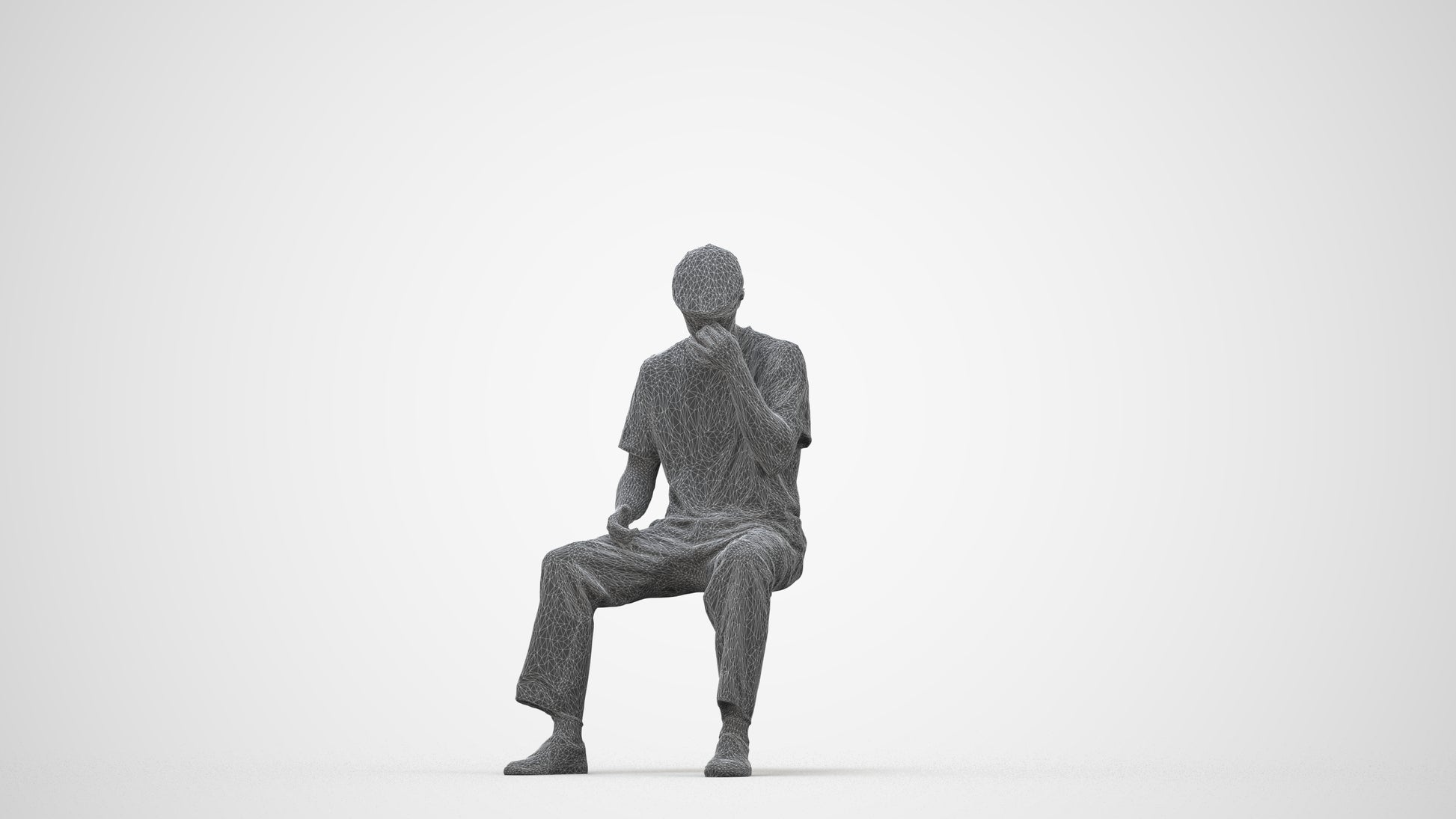 3D people model man casual sitting, scanned human for 3ds Max rendering, wireframe back view