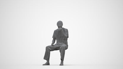 3D people model man casual sitting, scanned human for 3ds Max rendering, wireframe back view