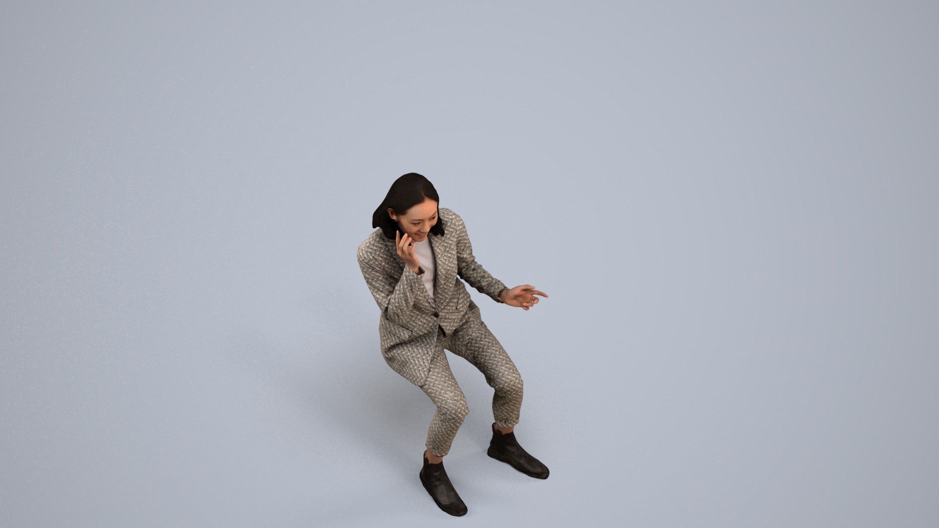 3D human model woman business, photogrammetry scanned person for archviz, back view render