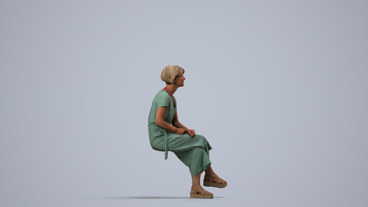realistic 3D senior woman casual sitting, scanned archviz people for Blender and 3ds Max, side view render