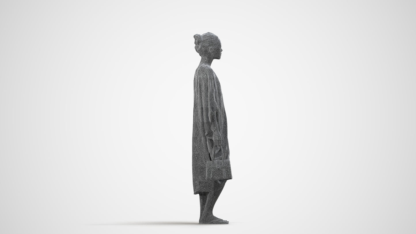 3D scanned woman standing casual, photorealistic archviz people for Enscape and SketchUp, wireframe side view