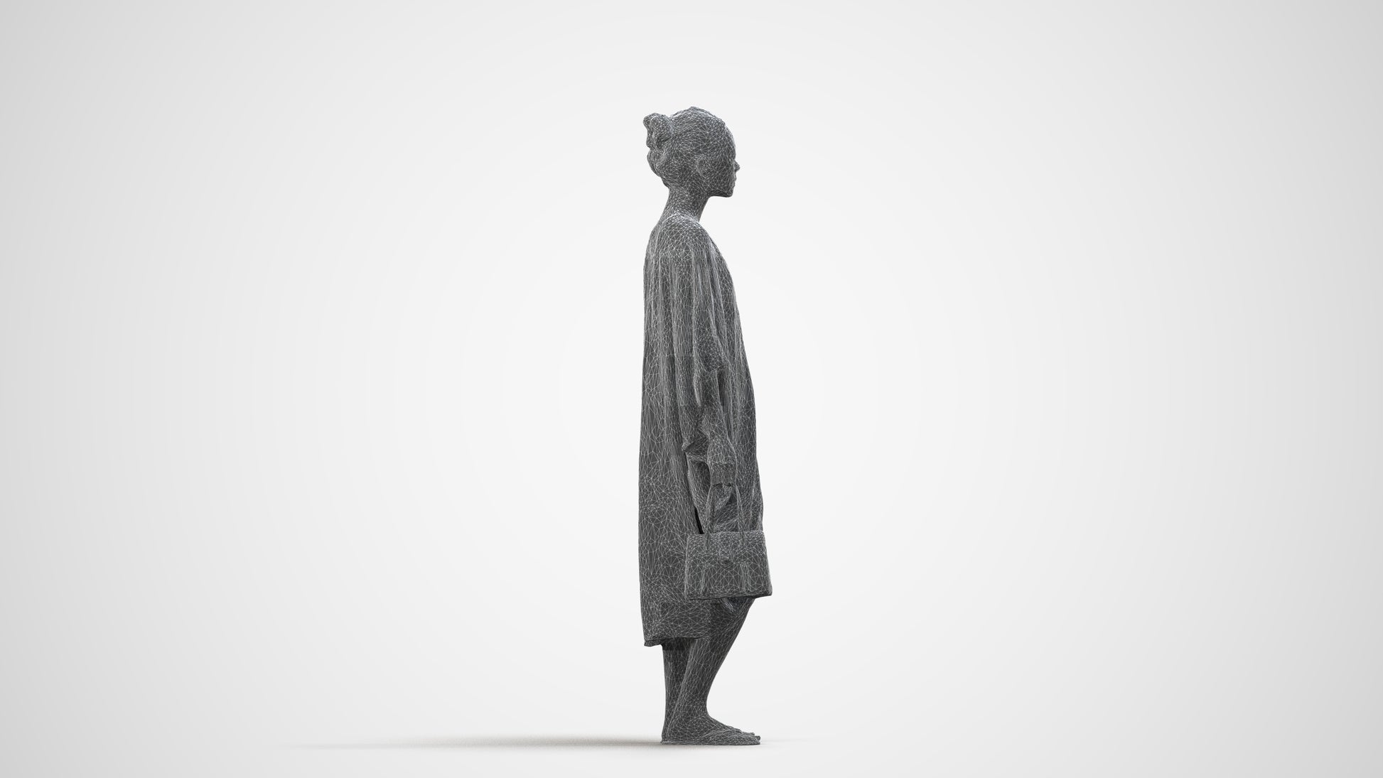3D scanned woman standing casual, photorealistic archviz people for Enscape and SketchUp, wireframe side view