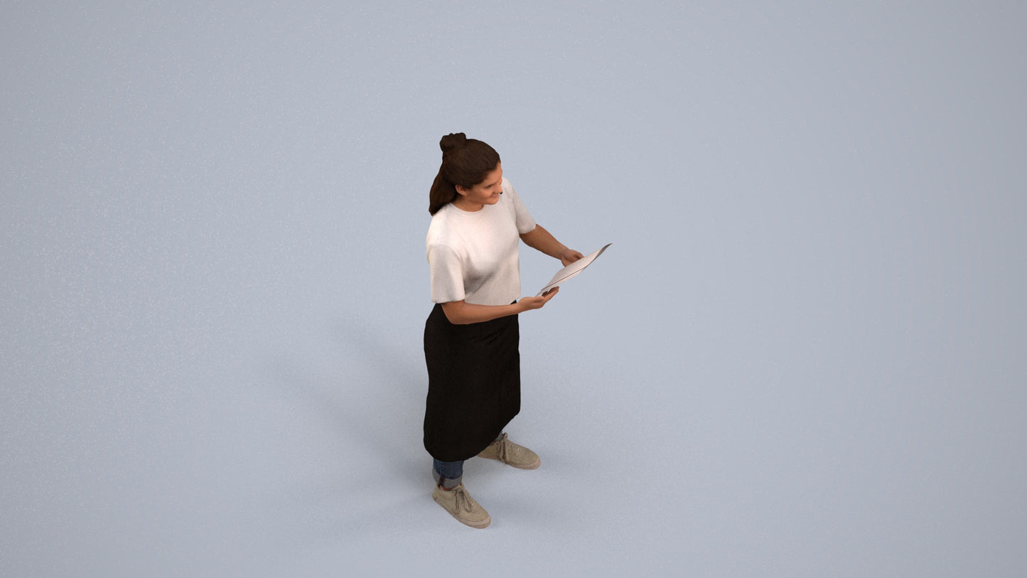 realistic 3D people woman hospitality, render-ready for V-Ray and Corona, FBX OBJ, back view render