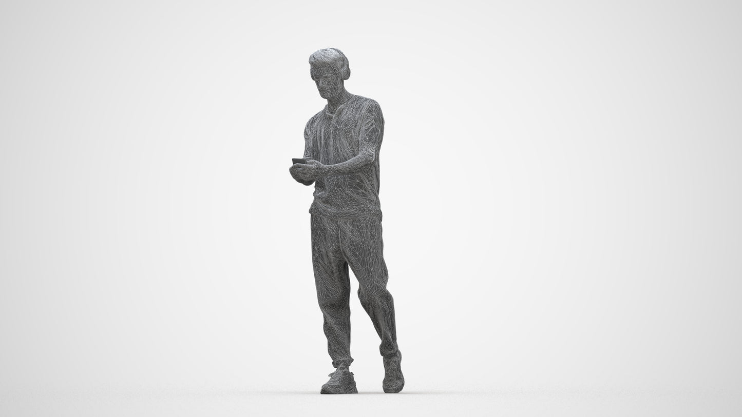 3D scanned man standing casual, photorealistic archviz people for Enscape and SketchUp, wireframe back view
