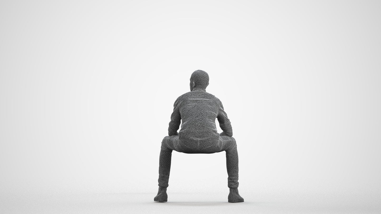 realistic 3D human man casual sitting, archviz people FBX OBJ for Blender, wireframe front view