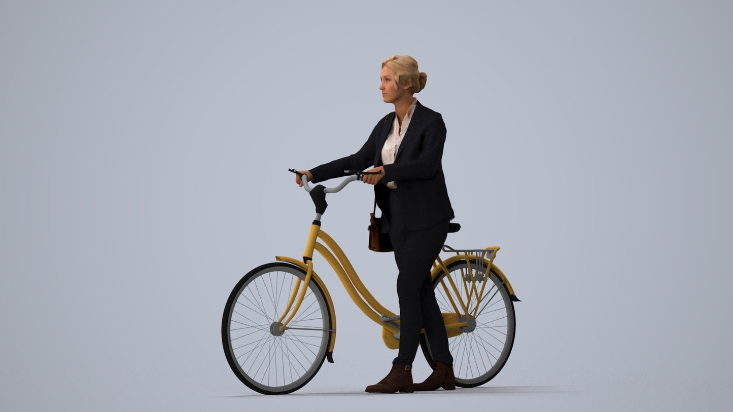 scanned 3D woman business cycling, photogrammetry people for Enscape and V-Ray, three-quarter view render