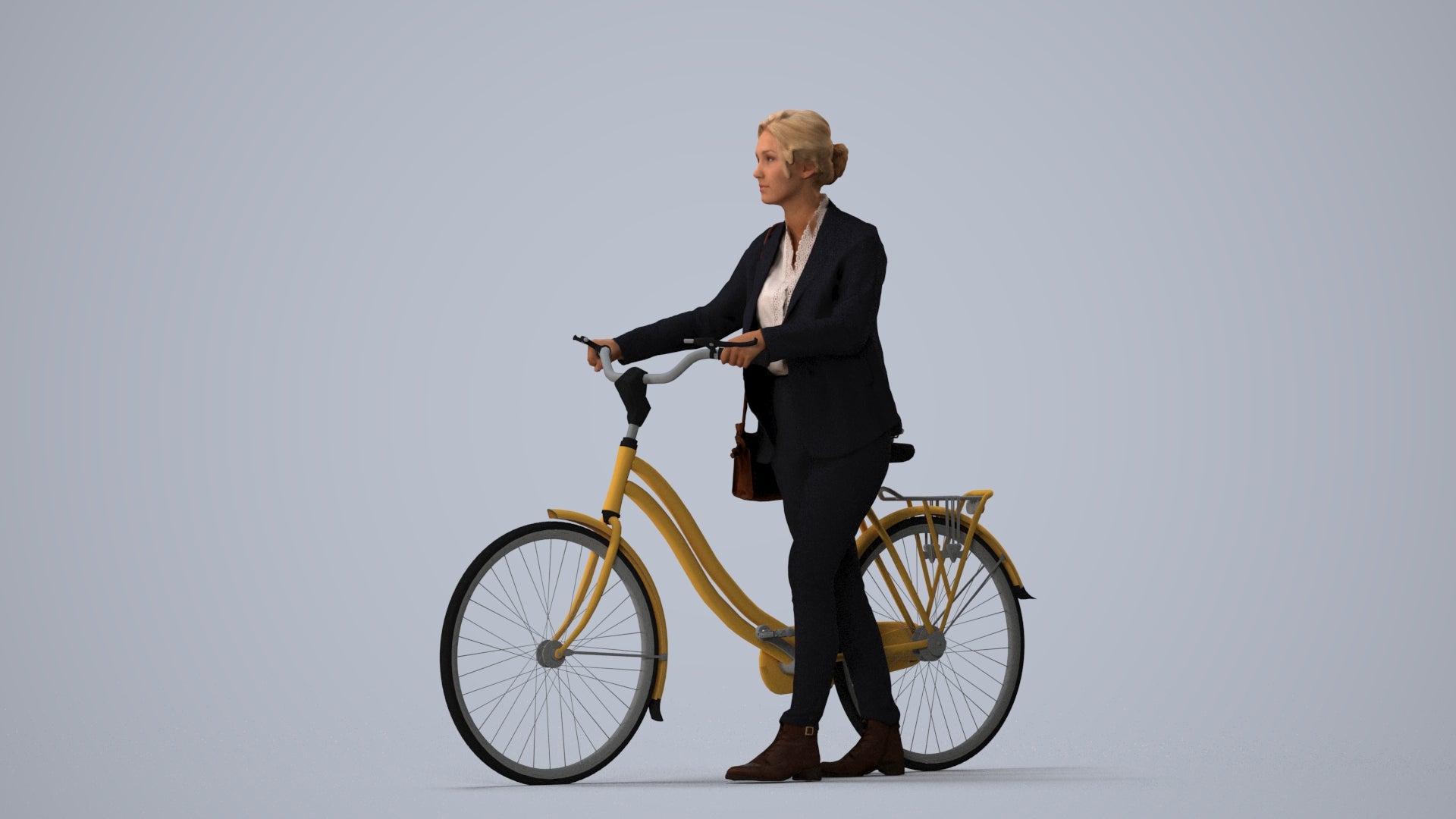 scanned 3D woman business cycling, photogrammetry people for Enscape and V-Ray, three-quarter view render