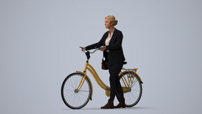 scanned 3D woman business cycling, photogrammetry people for Enscape and V-Ray, three-quarter view render