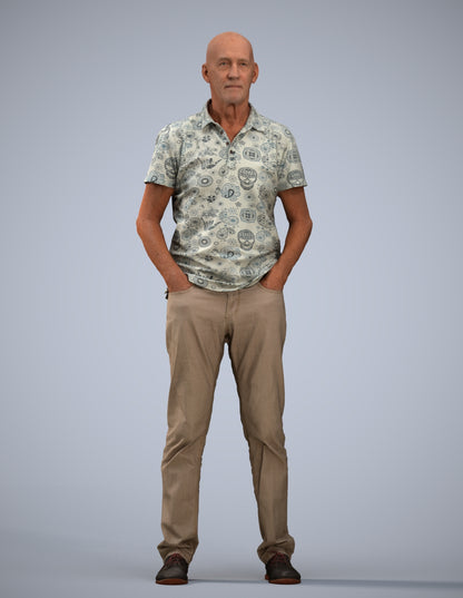 3D human model senior man casual standing, photogrammetry scanned person for archviz