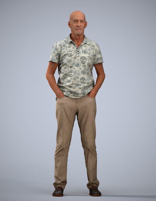 3D human model senior man casual standing, photogrammetry scanned person for archviz
