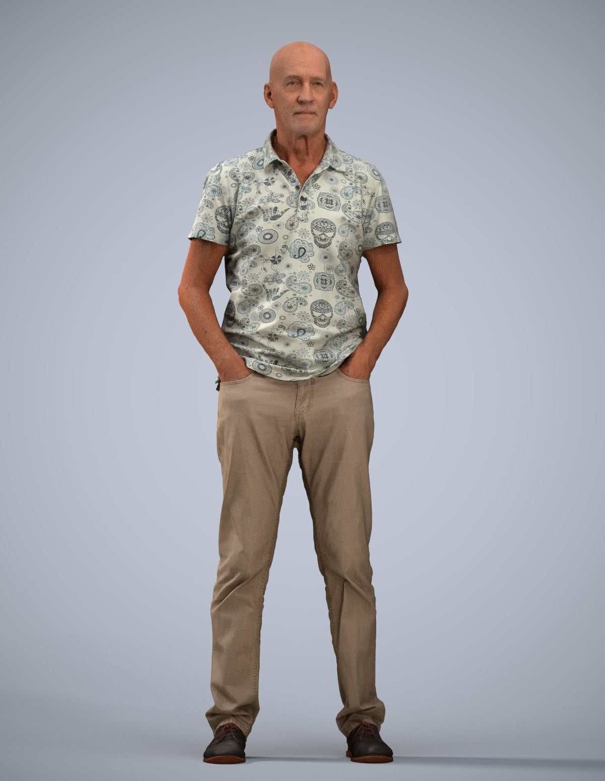 3D human model senior man casual standing, photogrammetry scanned person for archviz