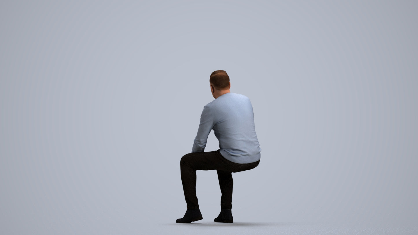 3D people model man casual sitting, scanned human for 3ds Max rendering, front view render