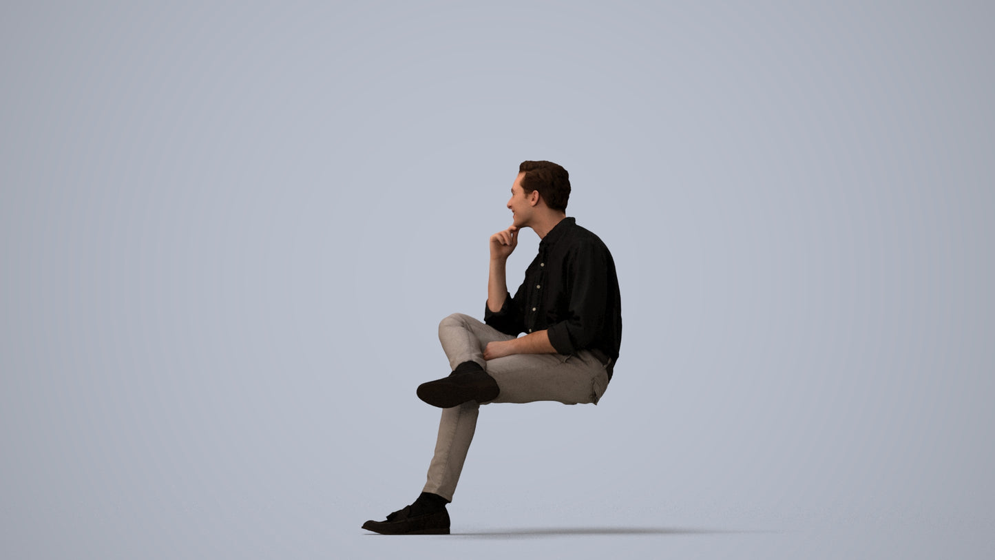 realistic 3D man casual sitting, scanned archviz people for Blender and 3ds Max, three-quarter view render