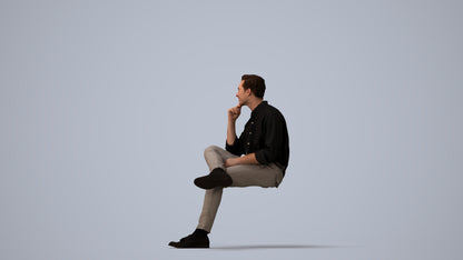 realistic 3D man casual sitting, scanned archviz people for Blender and 3ds Max, three-quarter view render