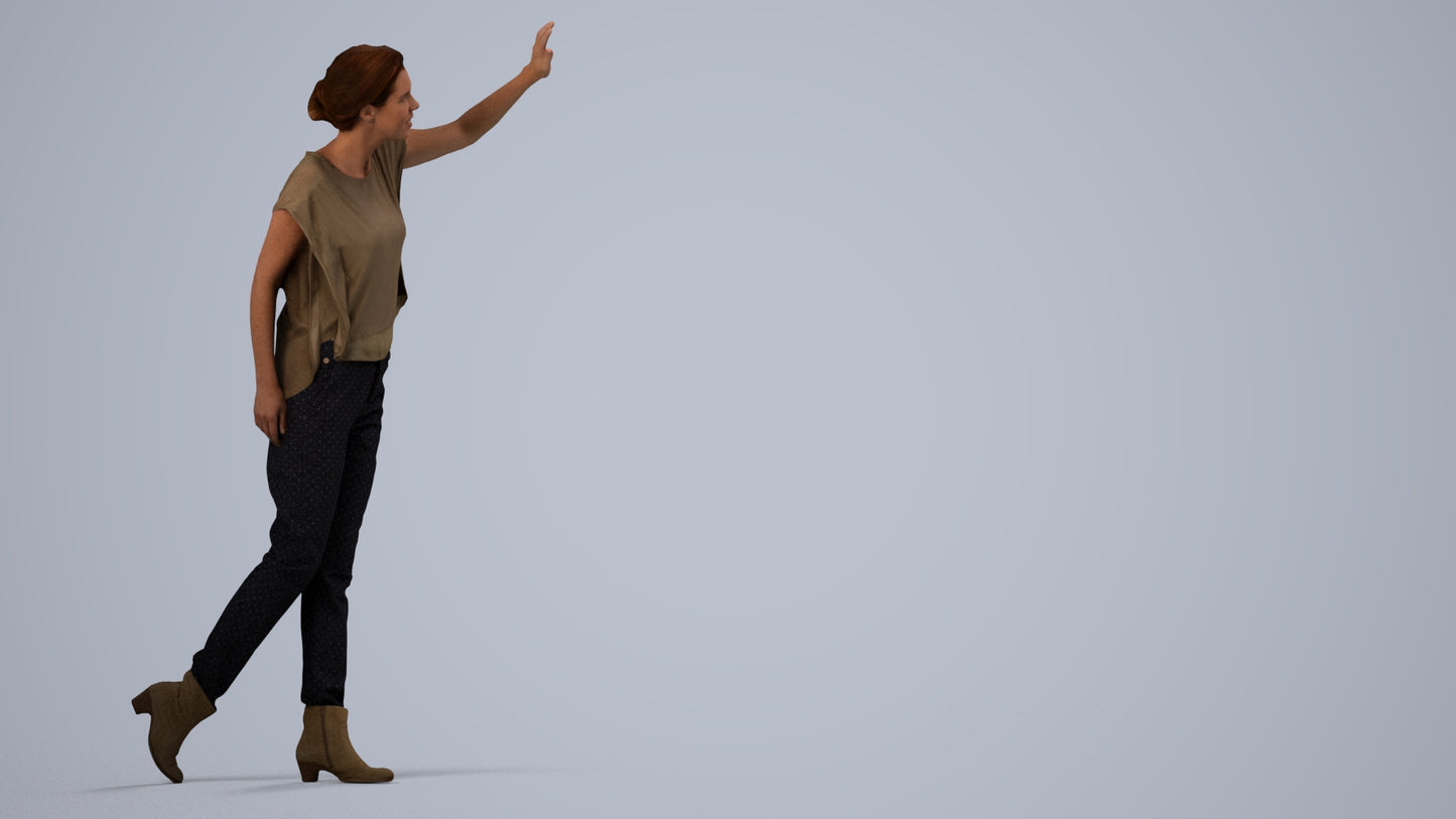 3D scanned woman standing casual, photorealistic archviz people for Enscape and SketchUp, side view render