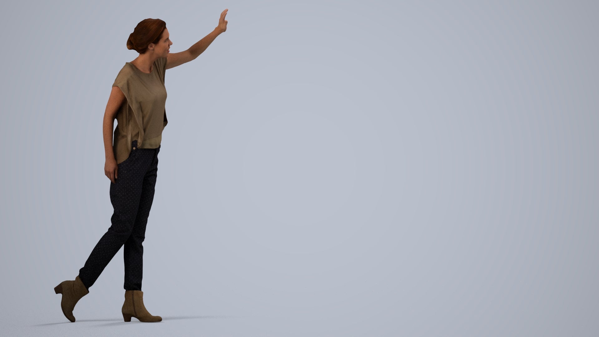 3D scanned woman standing casual, photorealistic archviz people for Enscape and SketchUp, side view render